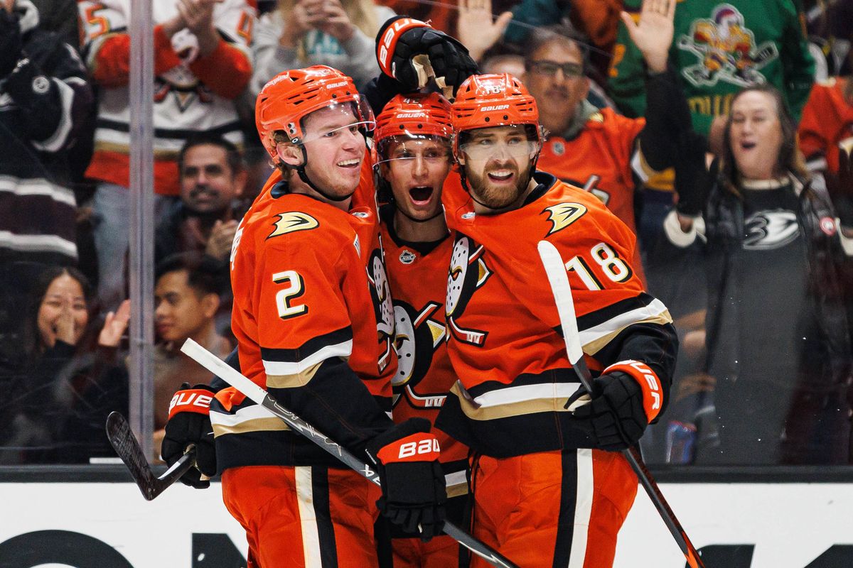 AJ Greer #18 of the Anaheim Ducks celebrates with teammates after scoring a goal during an NHL regular season game against the Vancouver Canucks on October 27, 2026 at Honda Center in Anaheim, California. AJ Greer #18 of the Anaheim Ducks celebrates with teammates after scoring a goal during an NHL regular season game against the Vancouver Canucks on October 27, 2026 at Honda Center in Anaheim, California.