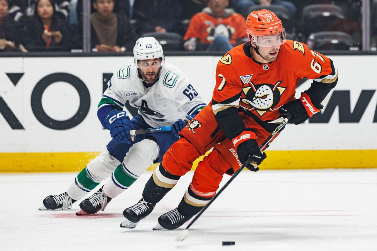 Tristan Luneau #67 of the Anaheim Ducks skates with the puck during an NHL regular season game against the Vancouver Canucks on October 27, 2026 at Honda Center in Anaheim, California. Tristan Luneau #67 of the Anaheim Ducks skates with the puck during an NHL regular season game against the Vancouver Canucks on October 27, 2026 at Honda Center in Anaheim, California.