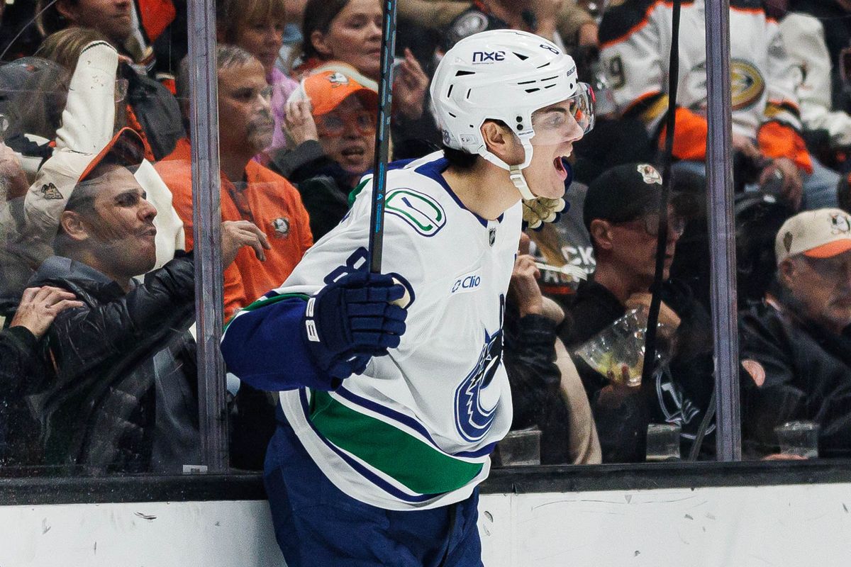 Zeev Buium #8 of the Vancouver Canucks celebrates after giving an assist during an NHL regular season game against the Anaheim Ducks on October 27, 2026 at Honda Center in Anaheim, California. Zeev Buium #8 of the Vancouver Canucks celebrates after giving an assist during an NHL regular season game against the Anaheim Ducks on October 27, 2026 at Honda Center in Anaheim, California.