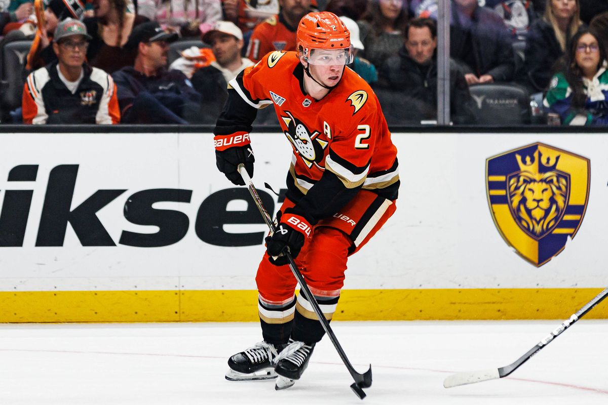 Jackson LaCombe #2 of the Anaheim Ducks skates with the puck during an NHL regular season game against the Vancouver Canucks on October 27, 2026 at Honda Center in Anaheim, California. Jackson LaCombe #2 of the Anaheim Ducks skates with the puck during an NHL regular season game against the Vancouver Canucks on October 27, 2026 at Honda Center in Anaheim, California.