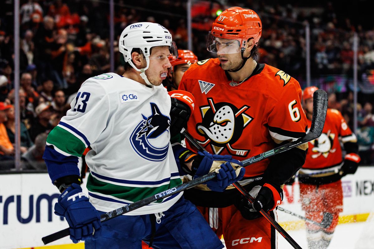 Cutter Gauthier #61 of the Anaheim Ducks interacts with Marco Rossi #23 of the Vancouver Canucks during an NHL regular season game against the Vancouver Canucks on October 27, 2026 at Honda Center in Anaheim, California. Cutter Gauthier #61 of the Anaheim Ducks interacts with Marco Rossi #23 of the Vancouver Canucks during an NHL regular season game against the Vancouver Canucks on October 27, 2026 at Honda Center in Anaheim, California.