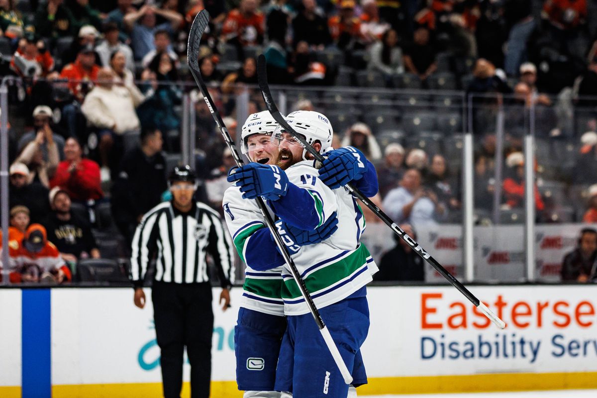 Filip Hronek #17 of the Vancouver Canucks celebrates with Brock Boeser #6 of the Vancouver Canucks after scoring the game-winning overtime goal during an NHL regular season game against the Anaheim Ducks on October 27, 2026 at Honda Center in Anaheim, California. Filip Hronek #17 of the Vancouver Canucks celebrates with Brock Boeser #6 of the Vancouver Canucks after scoring the game-winning overtime goal during an NHL regular season game against the Anaheim Ducks on October 27, 2026 at Honda Center in Anaheim, California.