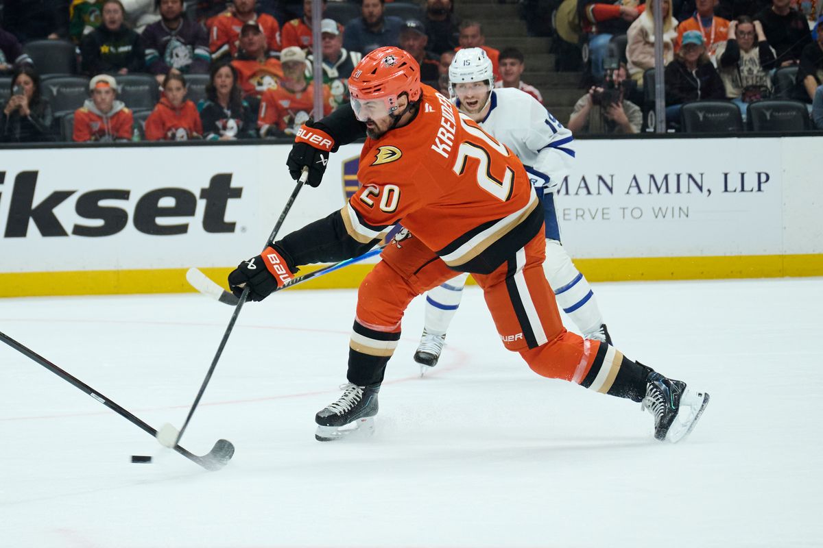 The Anaheim Ducks left wing Chris Kreider (20) shoots a goal attempt during an NHL game against The Toronto Maple Leafs, March 30th, 2026 in Anaheim, California.