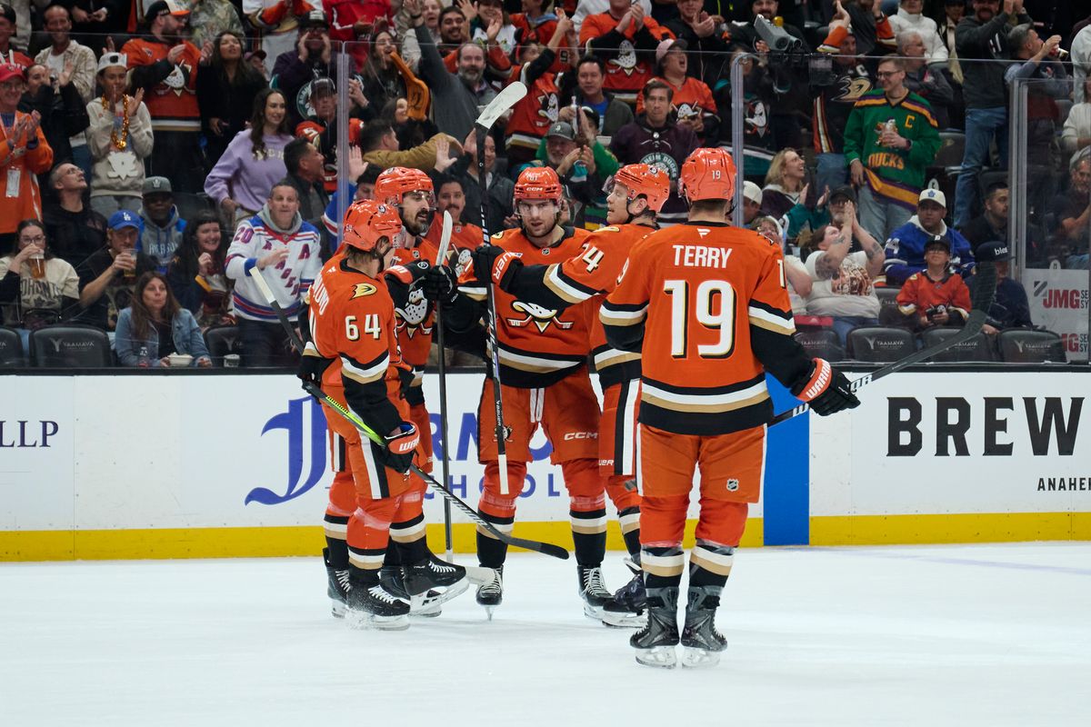 The Anaheim Ducks celebrate a goal during an NHL game against The Toronto Maple Leafs, March 30th, 2026 in Anaheim, California.