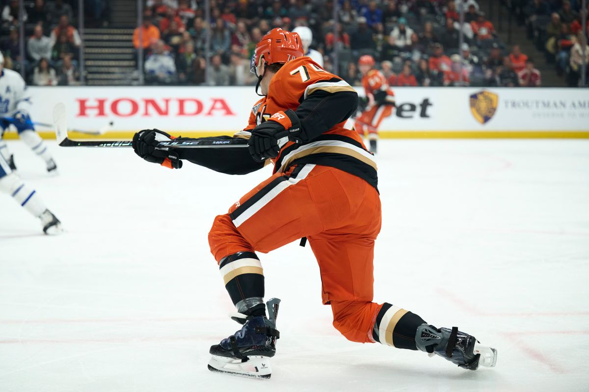 The Anaheim Ducks defender John Carlson (74) shoots a goal attempt during an NHL game against The Toronto Maple Leafs, March 30th, 2026 in Anaheim, California.