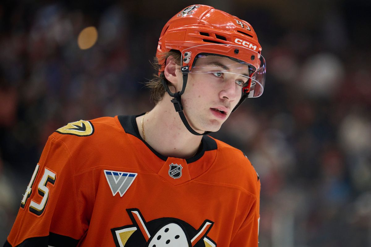 The Anaheim Ducks right wing Beckett Sennecke (45) during an NHL game against The Toronto Maple Leafs, March 30th, 2026 in Anaheim, California.