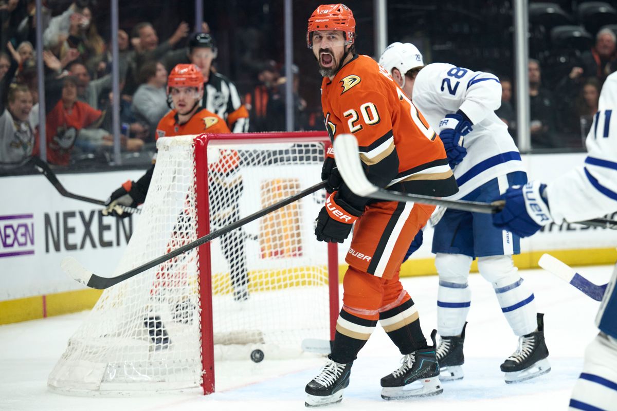The Anaheim Ducks left wing Chris Kreider (20) celebrates a goal during an NHL game against The Toronto Maple Leafs, March 30th, 2026 in Anaheim, California.