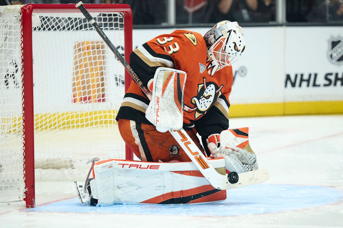 The Anaheim Ducks goaltender Ville Husso (33) blocks a goal attempt during an NHL game against The Toronto Maple Leafs, March 30th, 2026 in Anaheim, California.