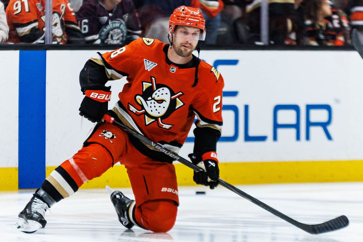 Anaheim Ducks left wing Jeffrey Viel (#28) during warmups before an NHL match against the St. Louis Blues on April 3, 2026 in Anaheim, California.