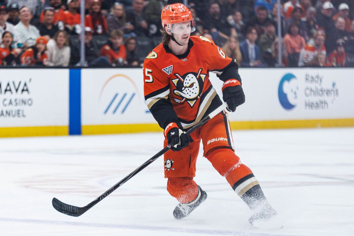 Anaheim Ducks defenseman Jacob Trouba (#65) skates during an NHL match against the St. Louis Blues on April 3, 2026 in Anaheim, California.