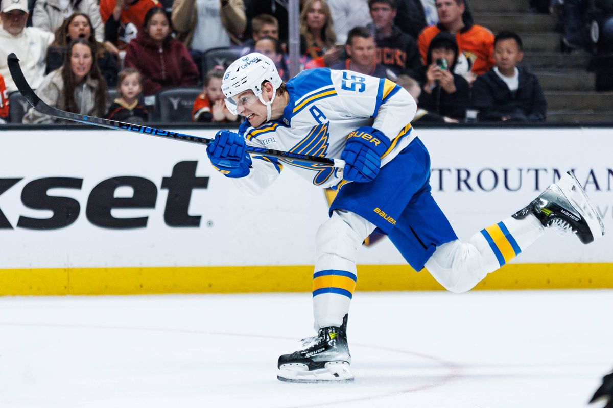 St. Louis Blues defenseman Colton Parayko (#55) shoots the puck for a goal during an NHL match against the Anaheim Ducks on April 3, 2026 in Anaheim, California.