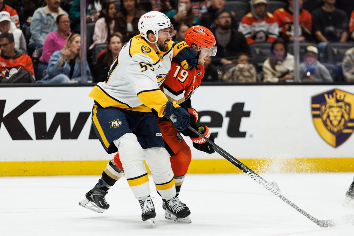 Anaheim Ducks right wing Troy Terry (19) gets pushed during an NHL hockey game against the Nashville Predators, Tuesday April 7, 2026 in Anaheim, Calif. Anaheim Ducks right wing Troy Terry (19) gets pushed during an NHL hockey game against the Nashville Predators, Tuesday April 7, 2026 in Anaheim, Calif.