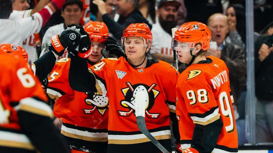 Anaheim Ducks celebrating a goal during an NHL hockey game against the San Jose Sharks, Thursday, April 9th, 2026 in Anaheim, California Anaheim Ducks celebrating a goal during an NHL hockey game against the San Jose Sharks, Thursday, April 9th, 2026 in Anaheim, California