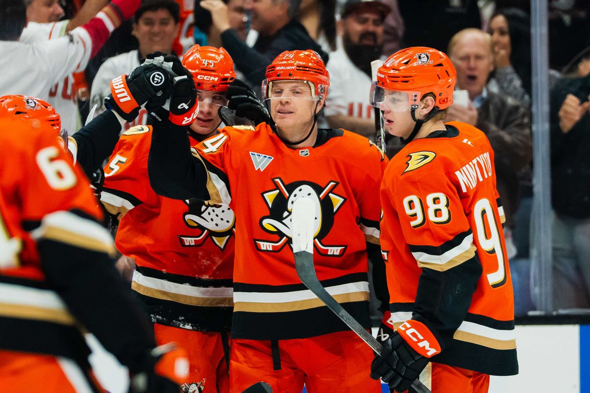 Anaheim Ducks celebrating a goal during an NHL hockey game against the San Jose Sharks, Thursday, April 9th, 2026 in Anaheim, California Anaheim Ducks celebrating a goal during an NHL hockey game against the San Jose Sharks, Thursday, April 9th, 2026 in Anaheim, California