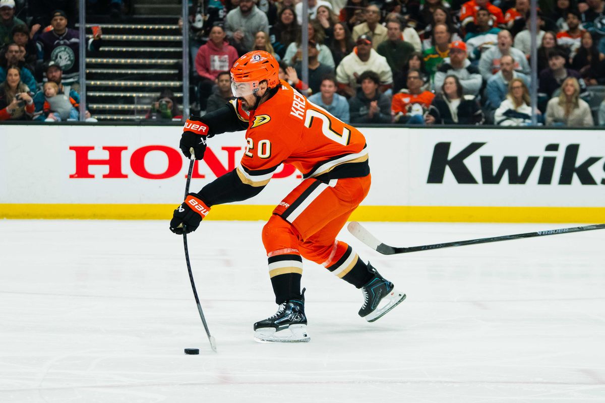 Anaheim Ducks left wing Chris Kreider (20) takes an attempt at goal during an NHL hockey game against the San Jose Sharks, Thursday, April 9th, 2026 in Anaheim, California Anaheim Ducks left wing Chris Kreider (20) takes an attempt at goal during an NHL hockey game against the San Jose Sharks, Thursday, April 9th, 2026 in Anaheim, California