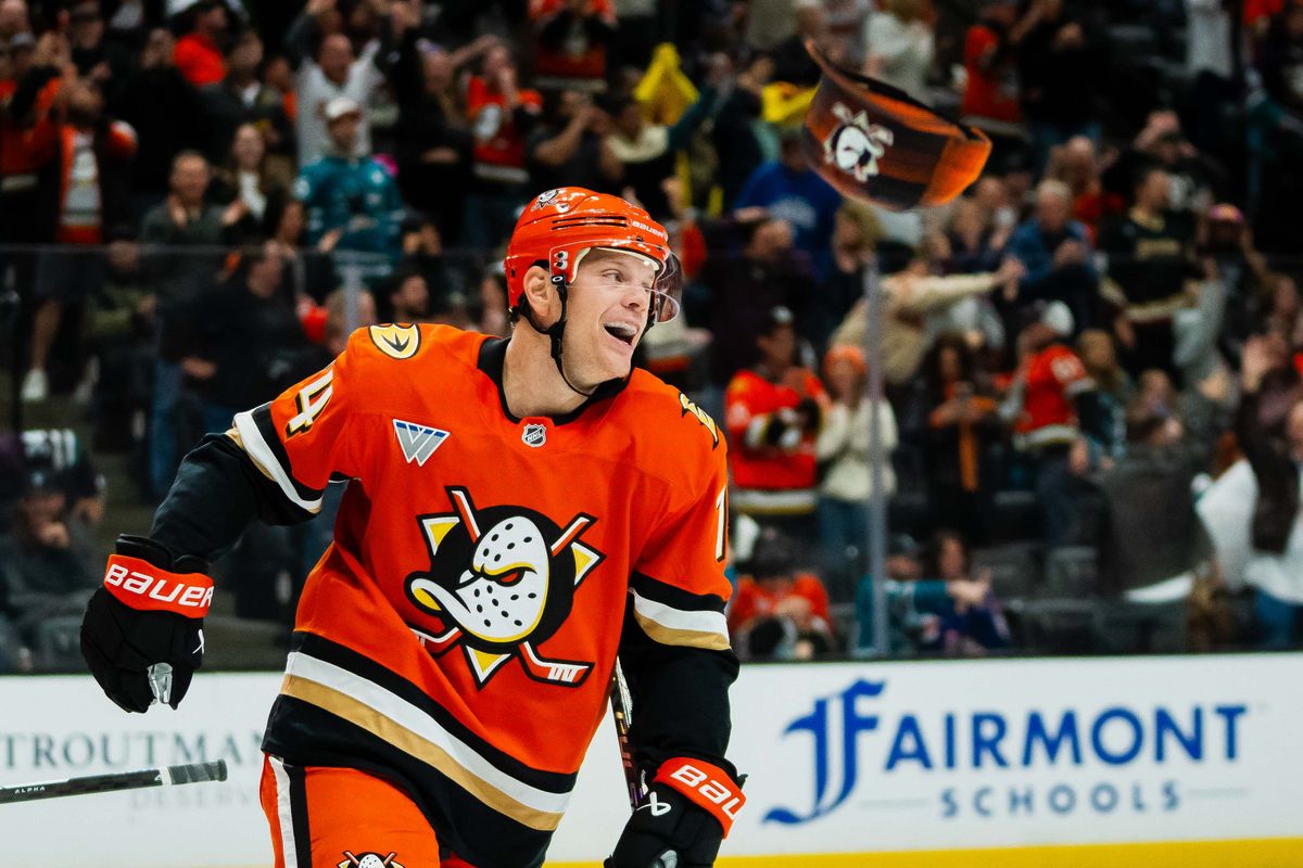 Anaheim Ducks defenseman John Carlson (74) celebrates a hat trick during an NHL hockey game against the San Jose Sharks, Thursday, April 9th, 2026 in Anaheim, California Anaheim Ducks defenseman John Carlson (74) celebrates a hat trick during an NHL hockey game against the San Jose Sharks, Thursday, April 9th, 2026 in Anaheim, California