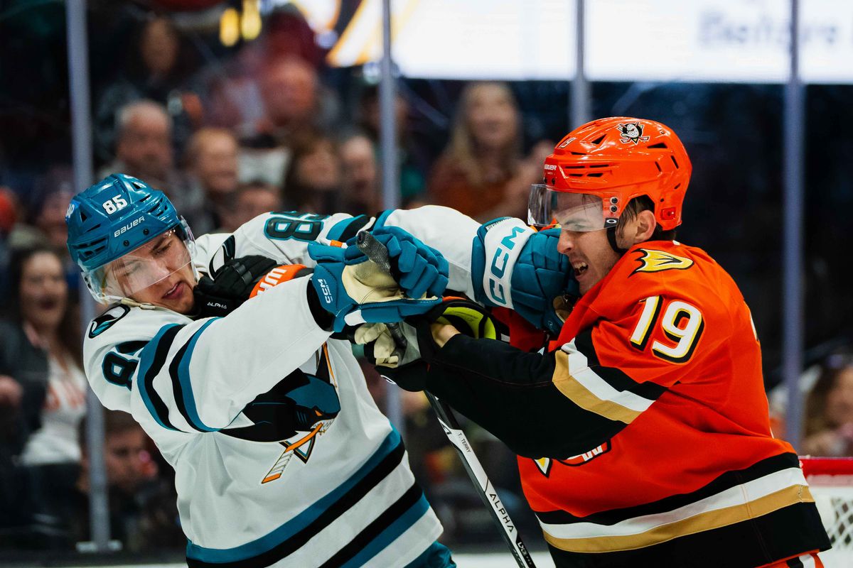 Anaheim Ducks right wing Troy Terry (19) getting into an altercation during an NHL hockey game against the San Jose Sharks, Thursday, April 9th, 2026 in Anaheim, California Anaheim Ducks right wing Troy Terry (19) getting into an altercation during an NHL hockey game against the San Jose Sharks, Thursday, April 9th, 2026 in Anaheim, California