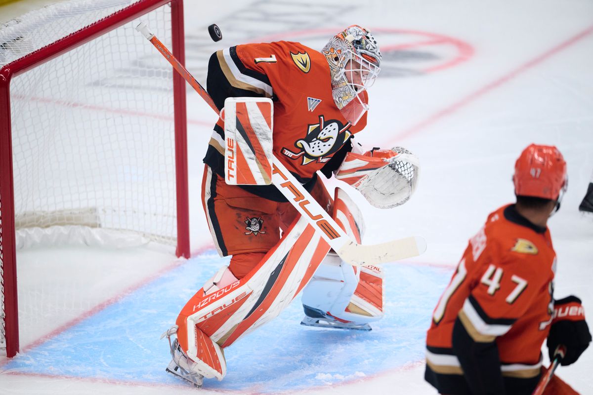 Anaheim Ducks Goalie Lukas Dostal #1 defends the goal during an NHL game against The Florida Panthers on Sunday, October 4th, 2026 at Honda Center in Anaheim, California.