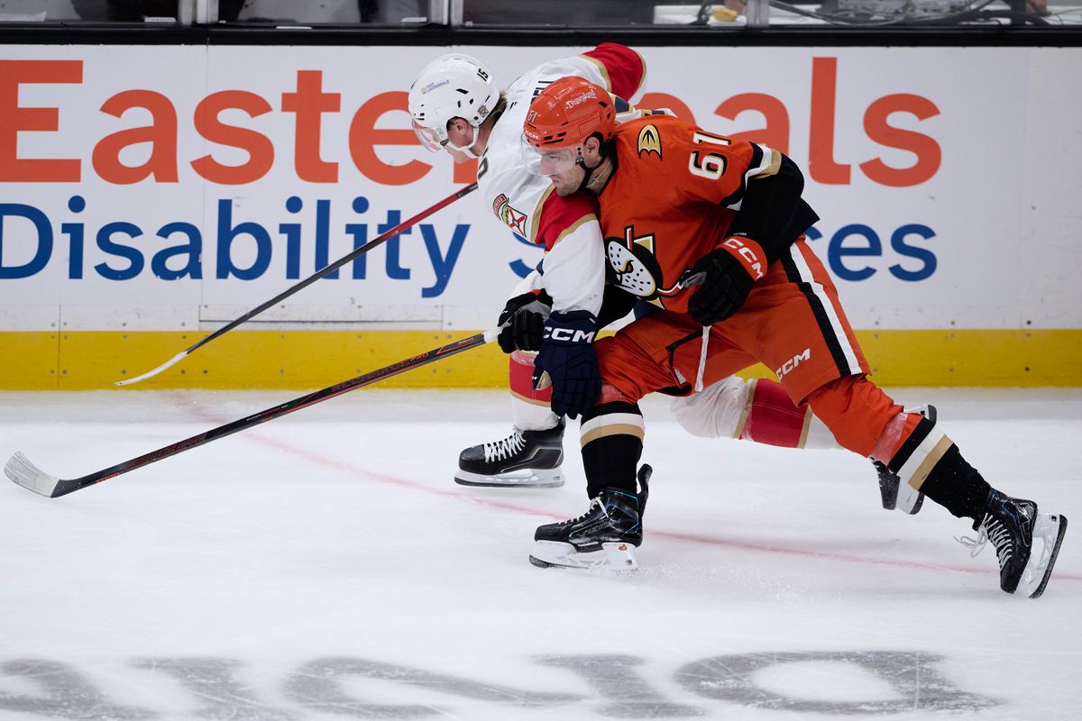 Anaheim Ducks right wing Cutter Gauthier #61 fights for the puck during an NHL game against The Florida Panthers on Sunday, October 4th, 2026 at Honda Center in Anaheim, California.