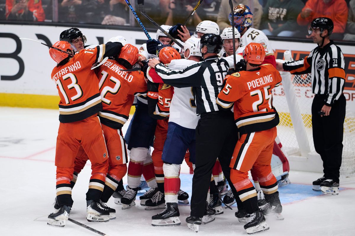 Anaheim Ducks fight with The Florida Panthers during an NHL game against The Florida Panthers on Sunday, October 4th, 2026 at Honda Center in Anaheim, California.