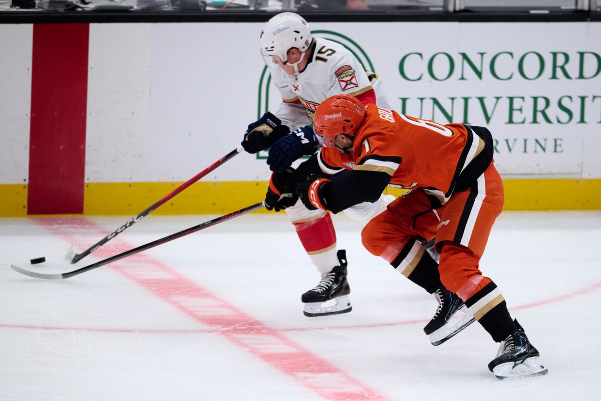 Anaheim Ducks right wing Cutter Gauthier #61 fights for the puck during an NHL game against The Florida Panthers on Sunday, October 4th, 2026 at Honda Center in Anaheim, California.