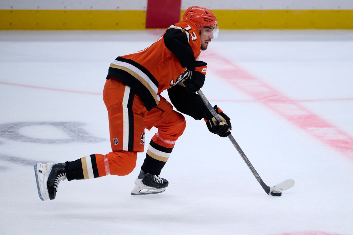 Anaheim Ducks Nikita Nesterenko #13 skates with the puck during an NHL game against The Florida Panthers on Sunday, October 4th, 2026 at Honda Center in Anaheim, California.