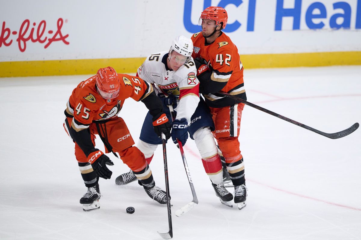 Anaheim Ducks right wing Beckett Sennecke #45 and center Tim Washe #42 play defense during an NHL game against The Florida Panthers on Sunday, October 4th, 2026 at Honda Center in Anaheim, California.