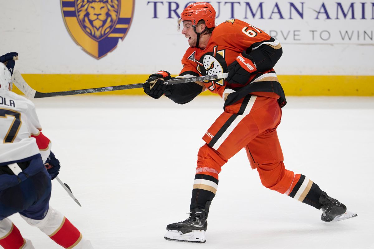 Anaheim Ducks left wing Cutter Gauthier #61 shoots a goal attempt during an NHL game against The Florida Panthers on Sunday, October 4th, 2026 at Honda Center in Anaheim, California.