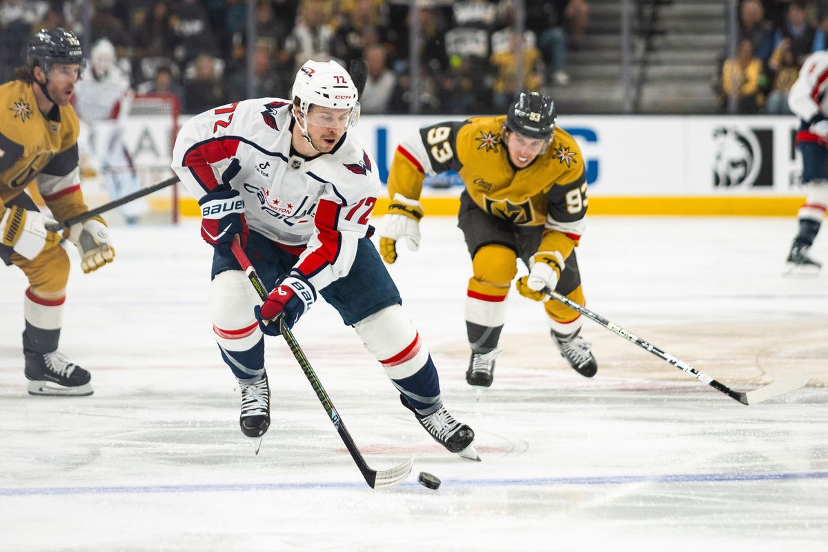 Washington Capitals right-wing Anthony Beauvillier (72) skates the puck up center ice during a NHL game between the Vegas Golden Knights and the Washington Capitals, Saturday March 28, 2026 in Las Vegas, Nev.