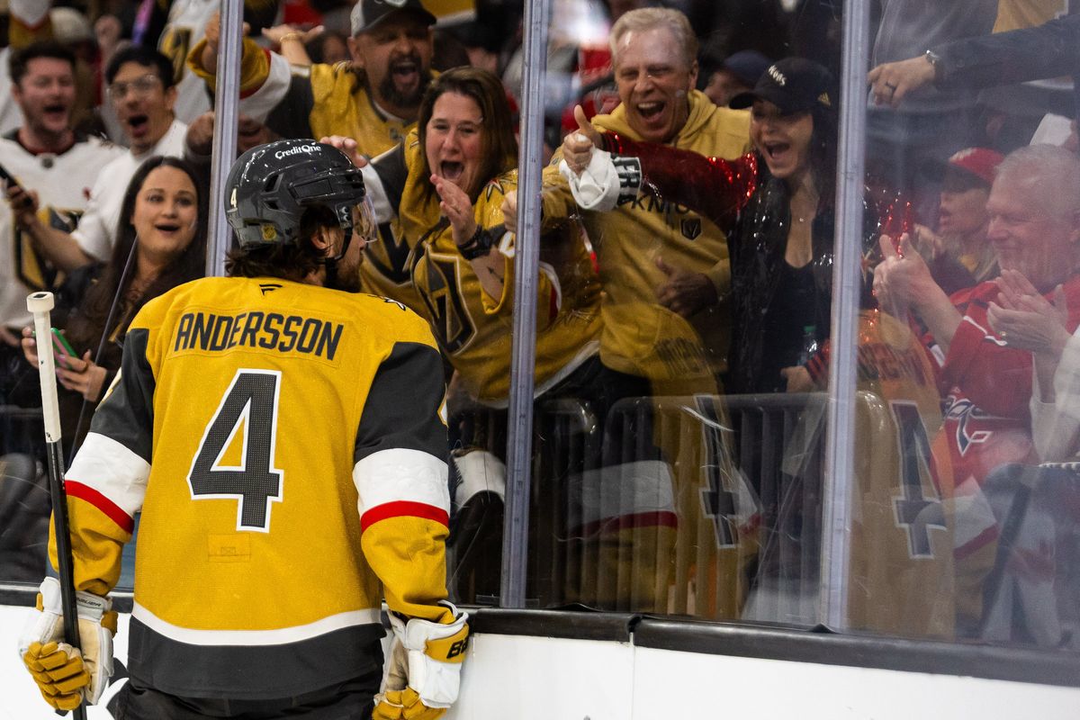 Vegas Golden Knights defenseman Rasmus Andersson (4) looks at the fans after scoring a goal during a NHL game between the Vegas Golden Knights and the Washington Capitals, Saturday March 28, 2026 in Las Vegas, Nev.