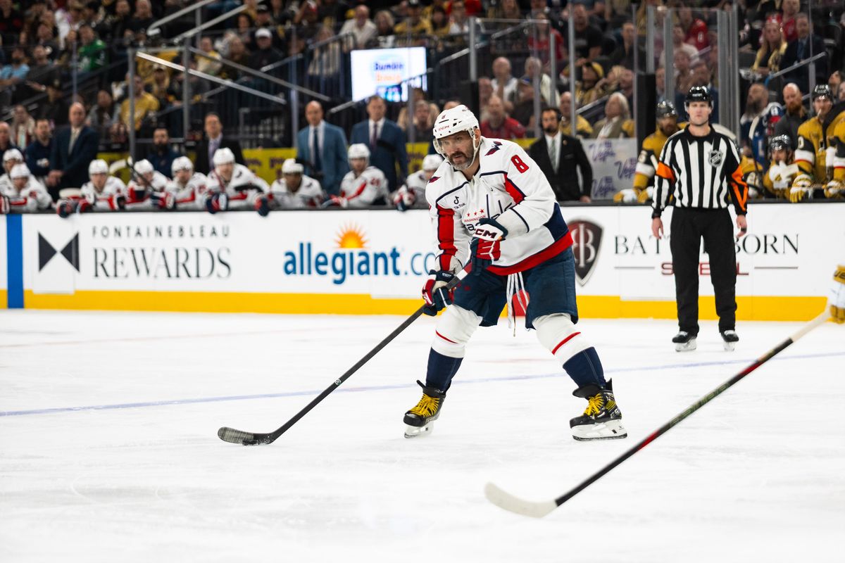 Washington Capitals left-wing Alex Ovechkin (8) looks for a teammate to pass the puck to during a NHL game between the Vegas Golden Knights and the Washington Capitals, Saturday March 28, 2026 in Las Vegas, Nev.