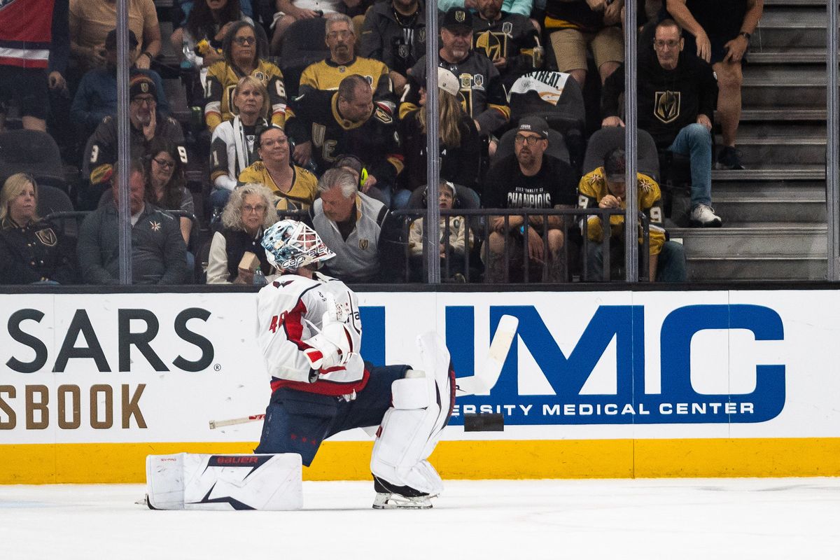 Washington Capitals goalie Logan Thompson (48) celebrates after making a save in a shoot-out after a NHL game between the Vegas Golden Knights and the Washington Capitals, Saturday March 28, 2026 in Las Vegas, Nev.