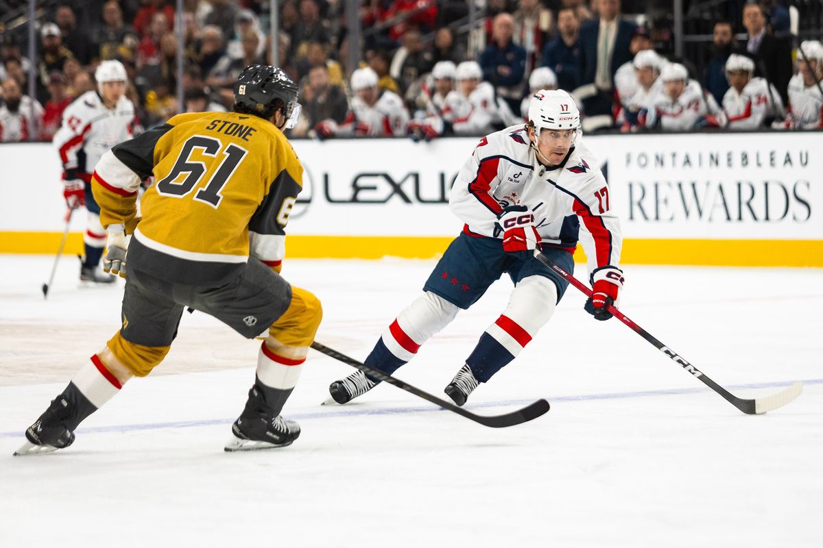 Washington Capitals center Dylan Strome (17) skates the puck into the Capitals’ zone during a NHL game between the Vegas Golden Knights and the Washington Capitals, Saturday March 28, 2026 in Las Vegas, Nev.