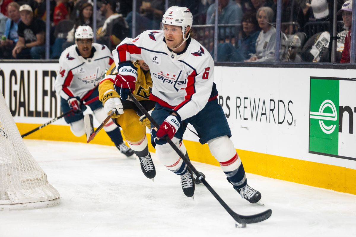 Washington Capitals defenseman Jacob Chychrun (6) skates the puck behind the net during a NHL game between the Vegas Golden Knights and the Washington Capitals, Saturday March 28, 2026 in Las Vegas, Nev.