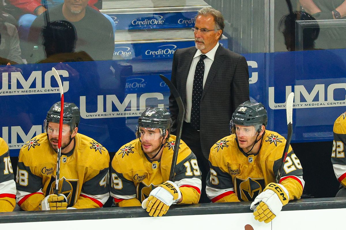 Vegas Golden Knights head coach John Tortorella seen behind the bench during an NHL game against the Winnipeg Jets on Monday, April 13, 2026, in Las Vegas, Nevada. 