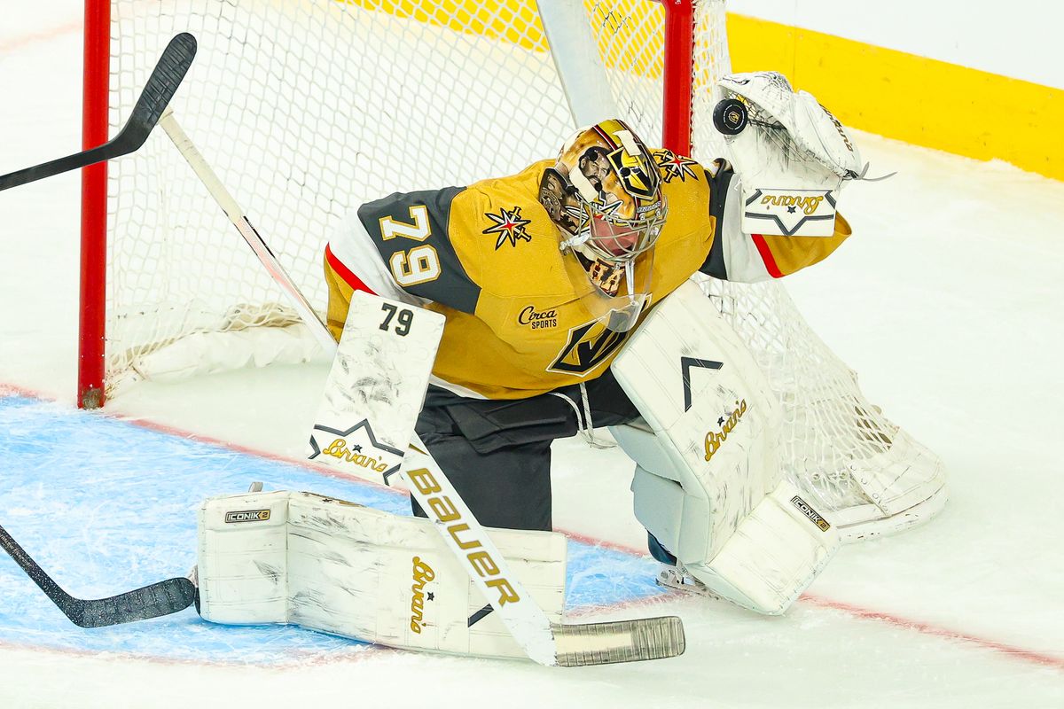 Vegas Golden Knights G Carter Hart (79) makes a glove save during an NHL game against the Seattle Kraken on Wednesday, April 15, 2026, in Las Vegas, Nevada. 
