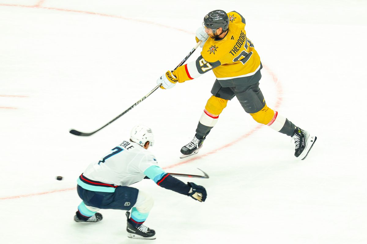 Vegas Golden Knights D Shea Theodore (27) scores a goal against the Seattle Kraken on Wednesday, April 15, 2026, in Las Vegas, Nevada. 