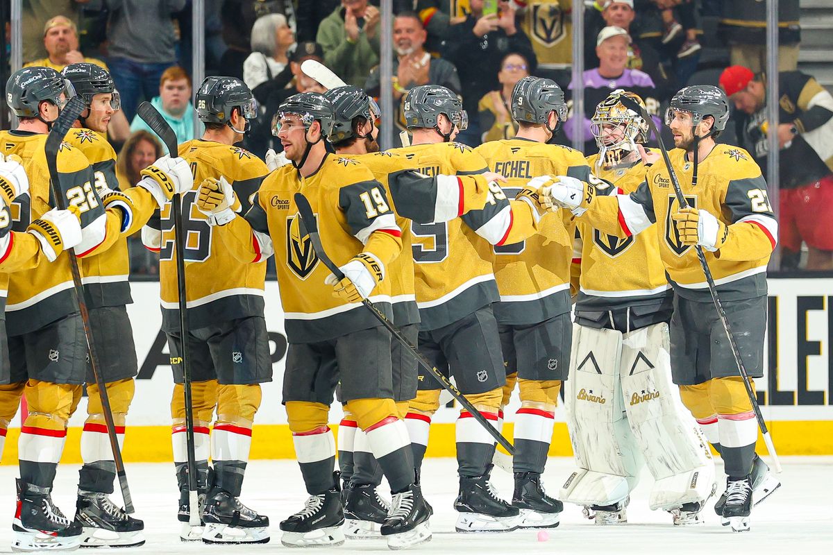The Vegas Golden Knights celebrate after defeating the Seattle Kraken on Wednesday, April 15, 2026, in Las Vegas, Nevada. 