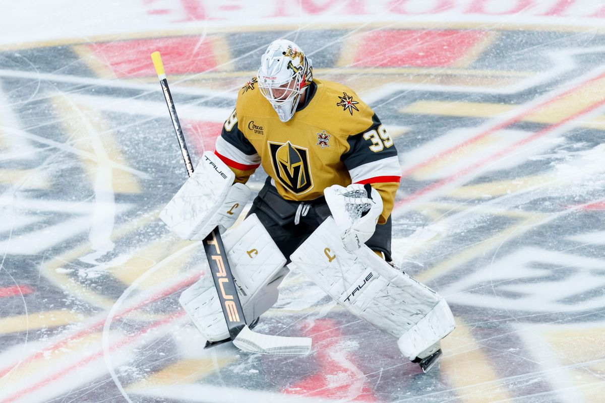 Vegas Golden Knights goaltender Cameron Whitehead (39) warms up during his first time wearing a Vegas Golden Knights jersey prior to an NHL game against the Ottawa Senators on October 27, 2026 at T-Mobile Arena in Las Vegas, Nevada.