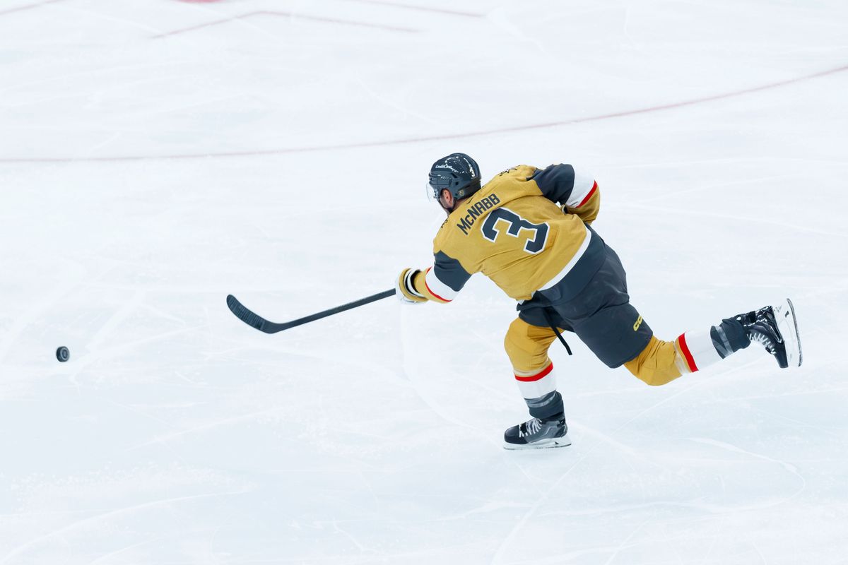 Vegas Golden Knights defenseman Brayden McNabb (3) shoots the puck from the blue line during an NHL game against the Ottawa Senators on Tuesday, October 27, 2026, at T-Mobile Arena in Las Vegas, Nevada.