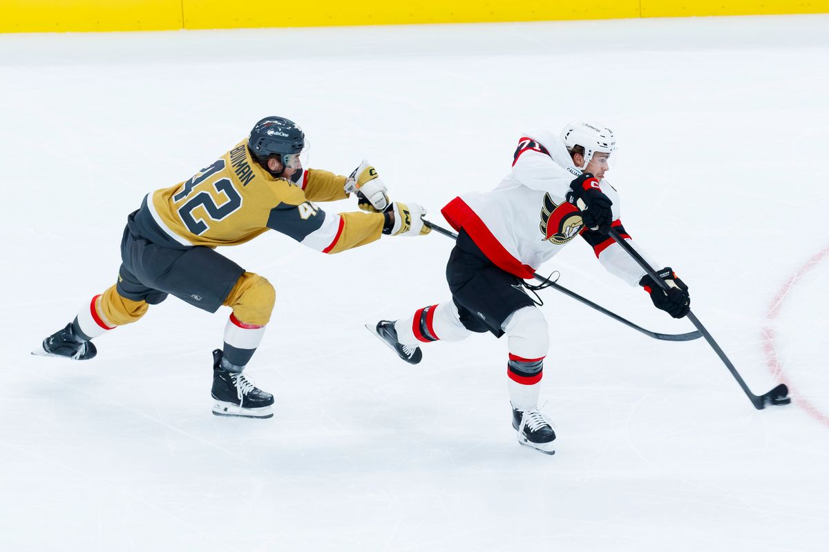 Vegas Golden Knights right wing Braeden Bowman (42) attemps to gain possesion of the puck in the offensive zone during an NHL game against the Ottawa Senators on Tuesday, October 27, 2026, at T-Mobile Arena in Las Vegas, Nevada.