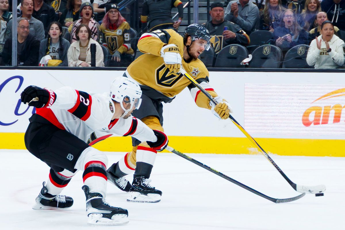 Vegas Golden Knights center Brett Howden (21) shoots the puck during an NHL game against the Ottawa Senators on Tuesday, October 27, 2026, at T-Mobile Arena in Las Vegas, Nevada.