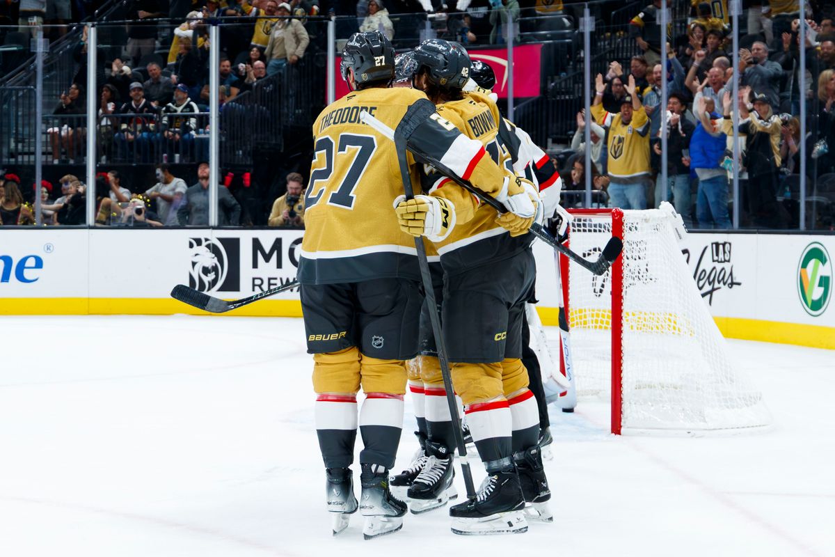 Vegas Golden Knights right wing Braeden Bowman (42) celebrates a goal during an NHL game against the Ottawa Senators on Tuesday, October 27, 2026, at T-Mobile Arena in Las Vegas, Nevada.