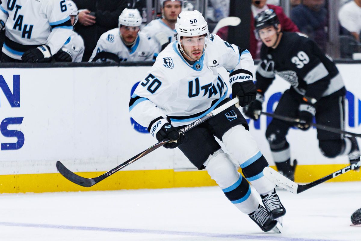 Utah Mammoth defenseman Sean Durzi (#50) skates towards the puck during an NHL match against the Los Angeles Kings on March 28, 2026 in Los Angeles, California.