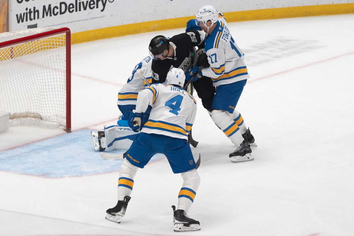 Los Angeles Kings Right Wing Jared Wright (53) takes on two players while trying to score a goal during an NHL match against the St. Louis Blues on April 1st, 2026 in Los Angeles, California.