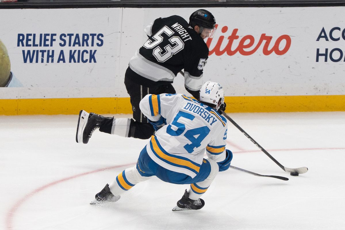 Los Angeles Kings Right Wing Jared Wright (53) skates down the ice trying to score a goal during an NHL match against the St. Louis Blues on April 1st, 2026 in Los Angeles, California.