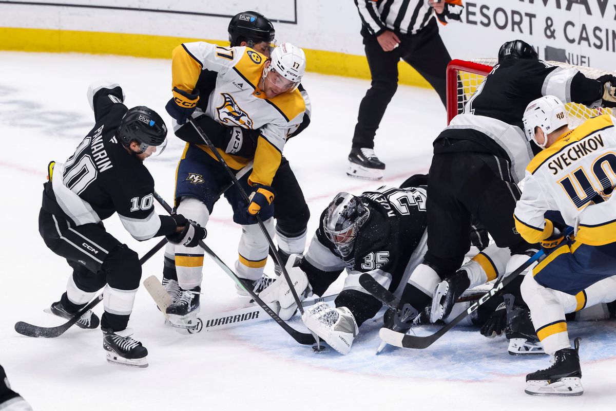 Darcy Kuemper #35 of the Los Angeles Kings dives on the puck during an NHL hockey game against the Nashville Predators, Thursday April 2, 2026 in Los Angeles, Calif.