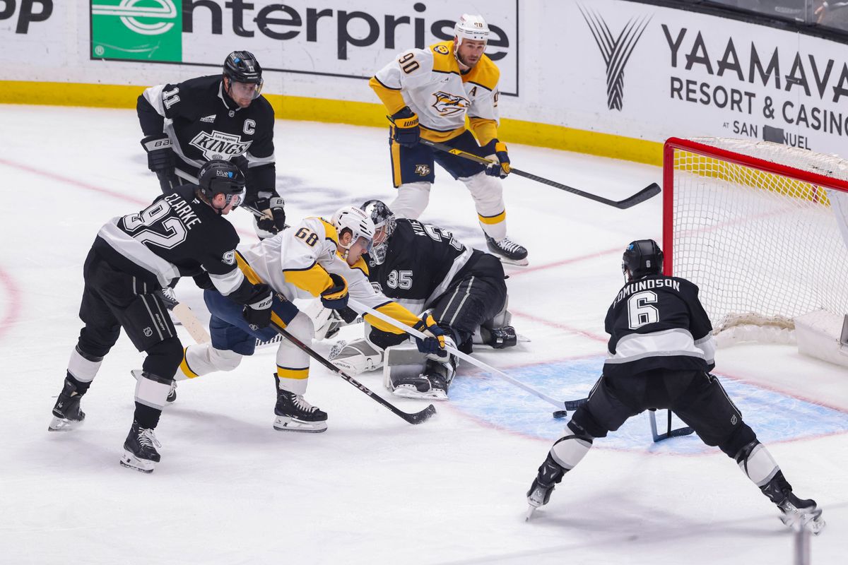 Zachary L’Heureux #68 of the Nashville Predators scores a goal during an NHL hockey game against the Los Angeles Kings, Thursday April 2, 2026 in Los Angeles, Calif.