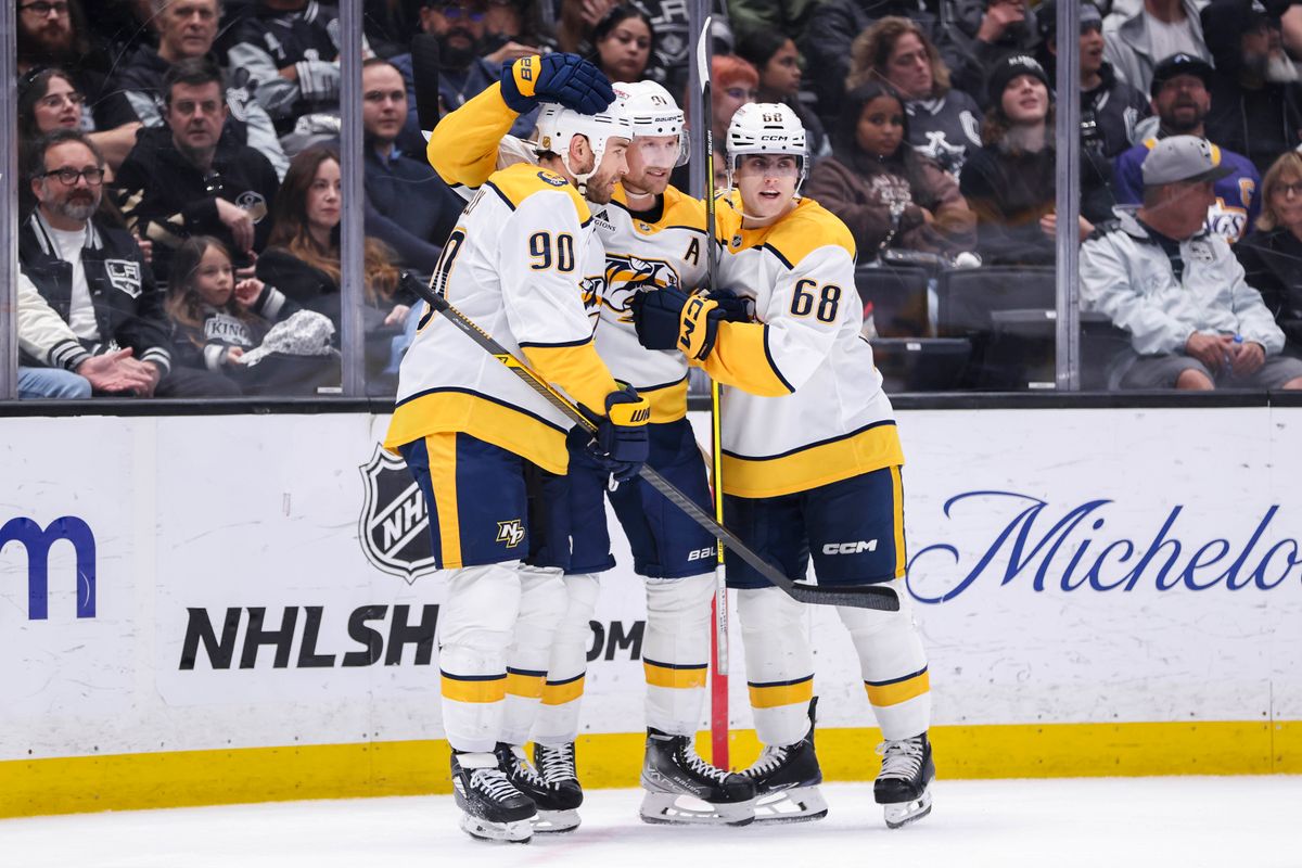 Steven Stamkos #91, Ryan O'Reilly #90, and Zachary L’Heureux #68 of the Nashville Predators celebrate a goal during an NHL hockey game against the Los Angeles Kings, Thursday April 2, 2026 in Los Angeles, Calif.