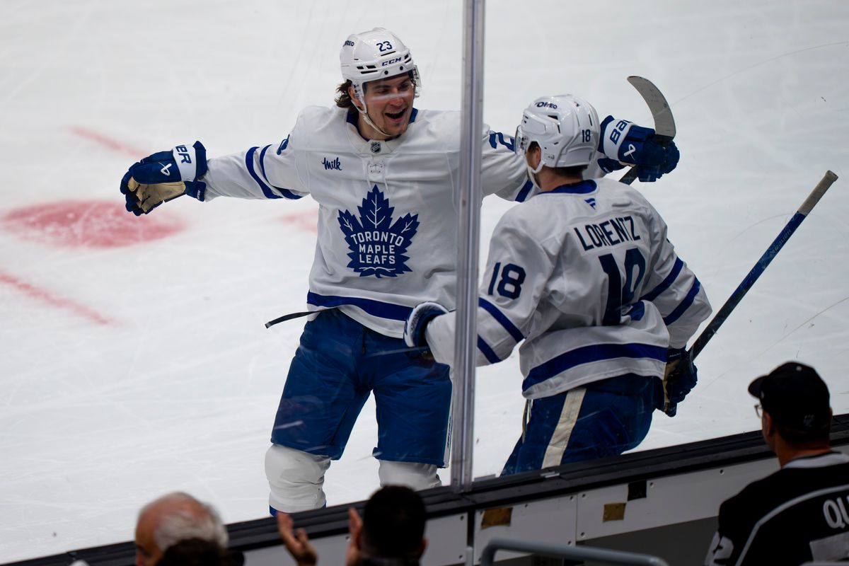 Toronto Maple Leafs center Steven Lorentz (18) celebrating a goal with his teammate during an NHL hockey game against the Los Angeles Kings on April 4th, 2026 in Los Angeles, CA.